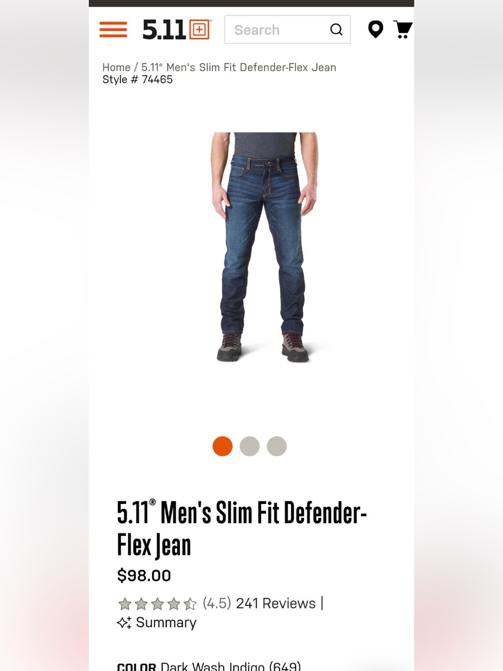 5.11 Tactical Men's Slim Fit Defender-Flex Jeans - Dark Wash Indigo